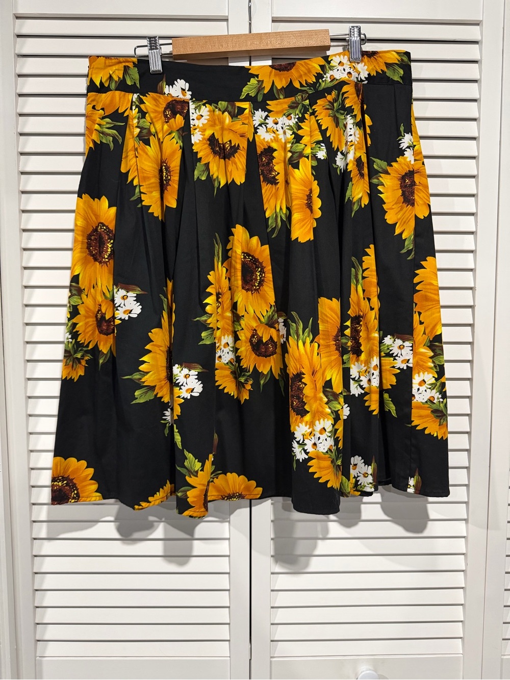 Sunflower Print Black A-Line Skirt